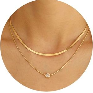 Gold Layered Necklace for Women Girls, 14K Real Gold Plated CZ Pendant Necklaces